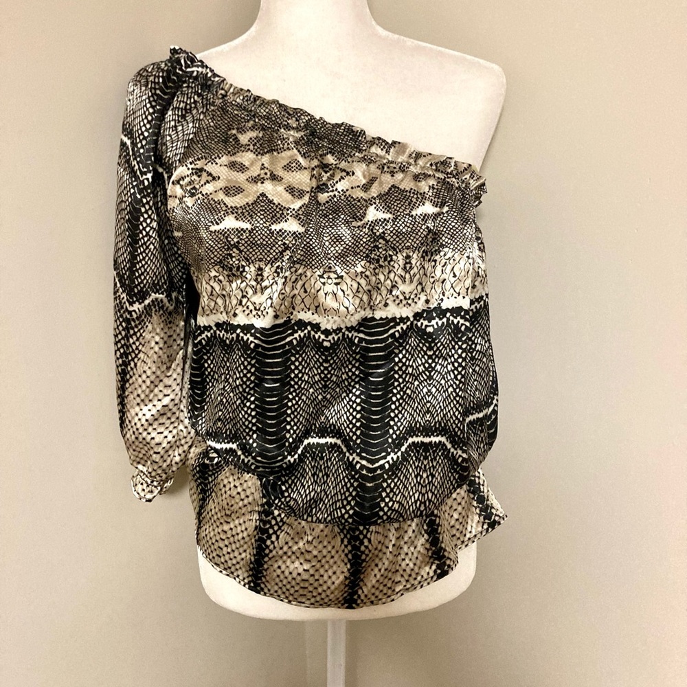 One Shoulder Black & Ivory Snakeskin Satin Top